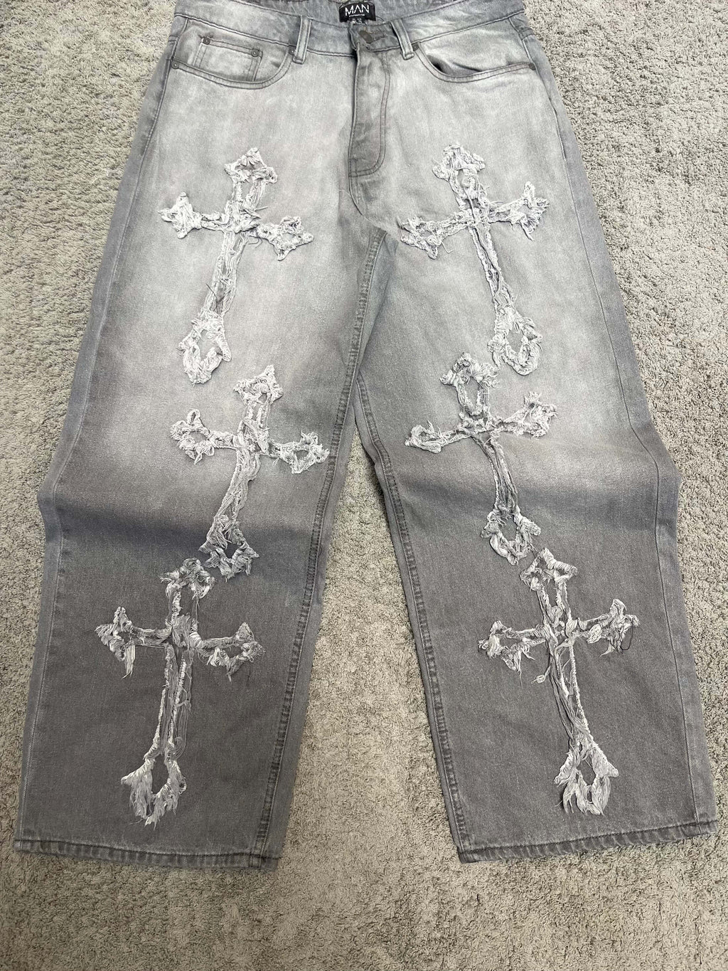 Boohoo Distressed Cross Baggy Jeans (32")